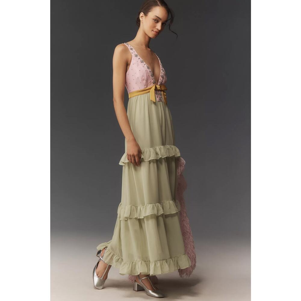 nwt ANTHROPOLOGIE MAEVE sz LP Embellished Deep V Tiered Ruffle Maxi dress mint